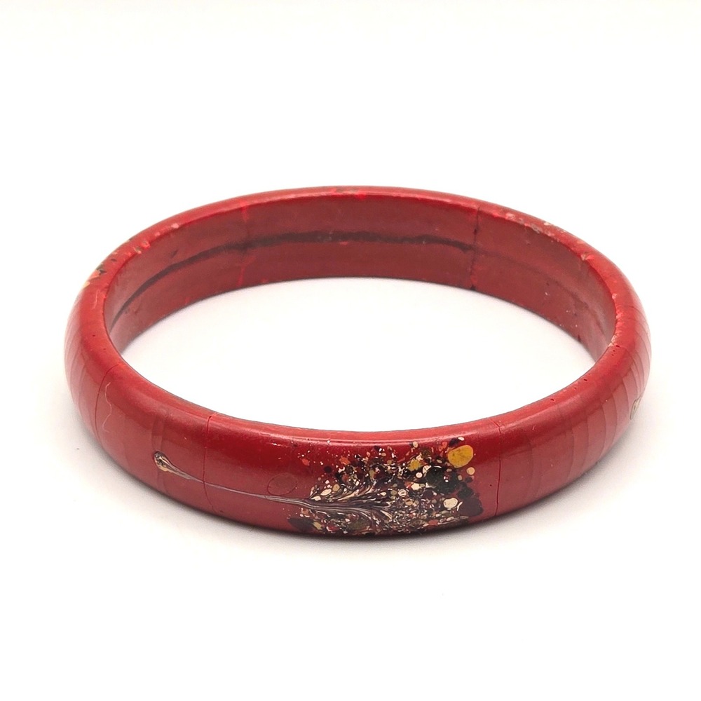 Vintage‎ Red Resin Bangle with Embedded Floral Design, 1950s–60s French